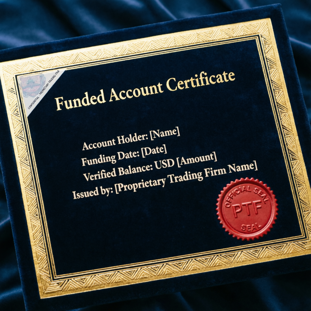 Premium funded account certificate with official seal on dark elegant background