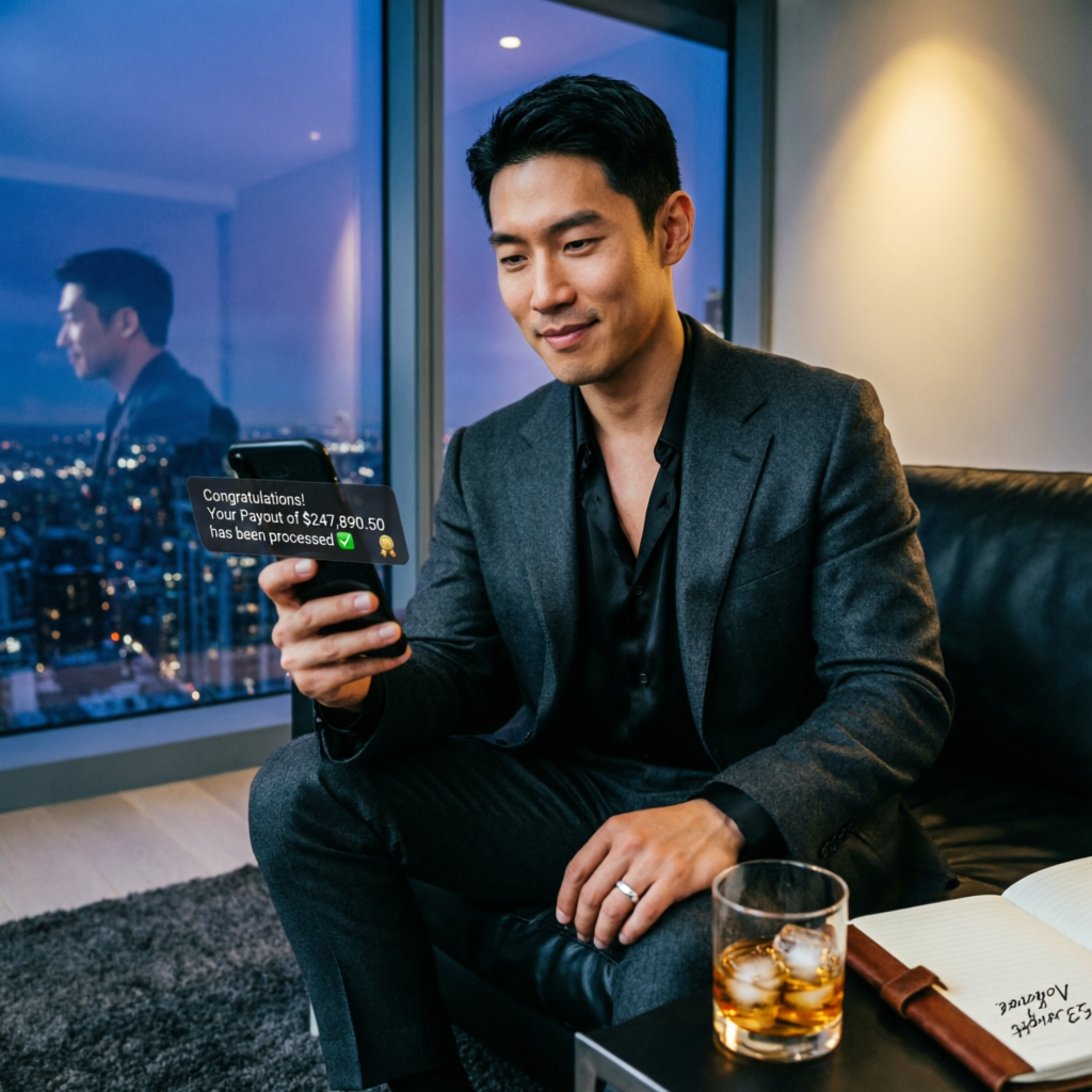 Funded trader receiving large payout notification on smartphone in luxury apartment