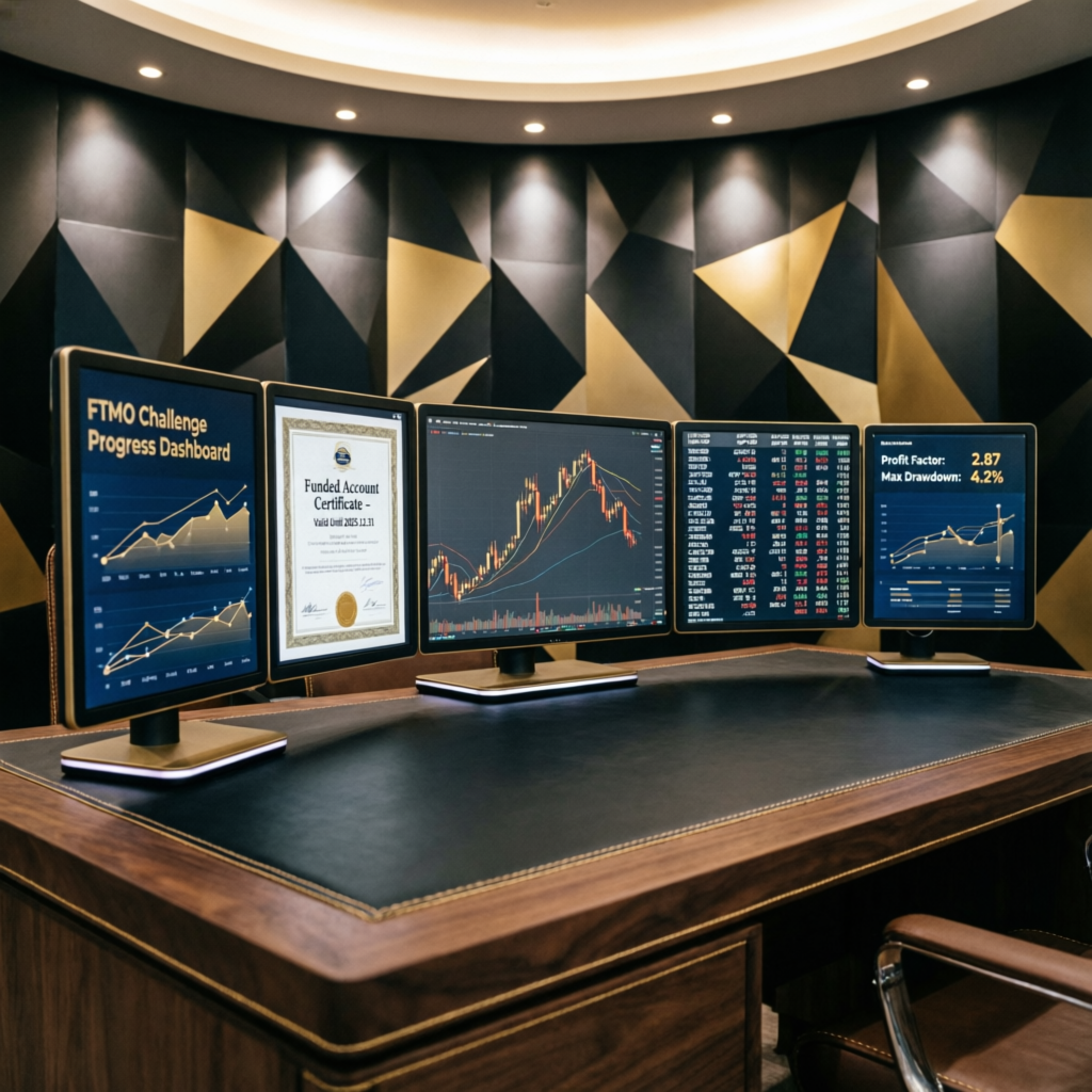 Luxury forex trading desk with multiple monitors showing FTMO challenge dashboard and funded account certificate