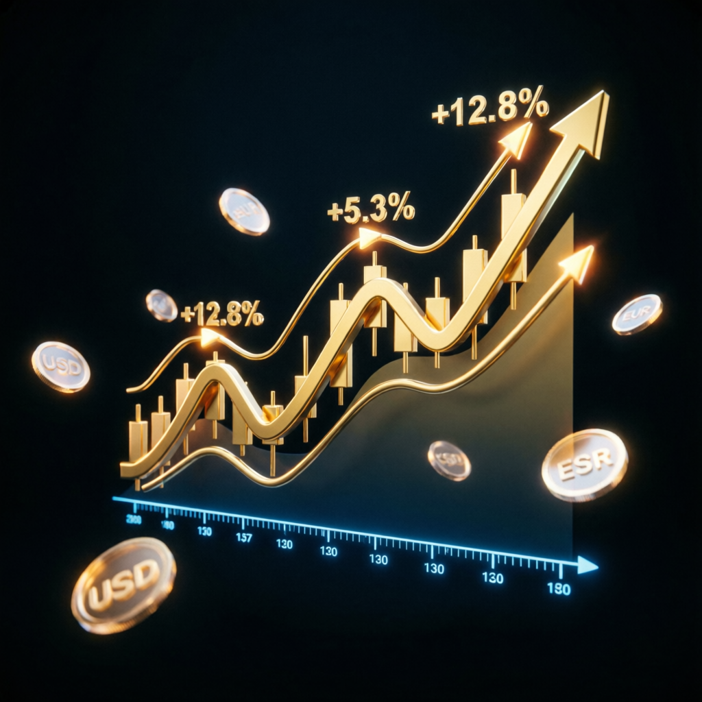 3D golden forex chart showing upward growth trend with profit percentages