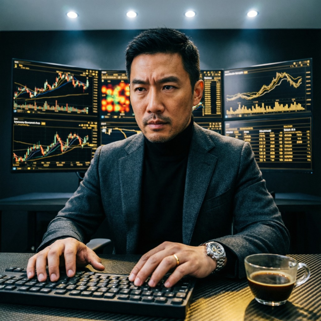 Professional forex trader at premium trading desk with multiple monitors showing financial charts