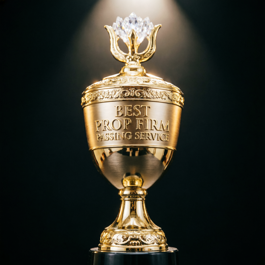 Luxury gold trophy award for best prop firm passing service with diamond on top