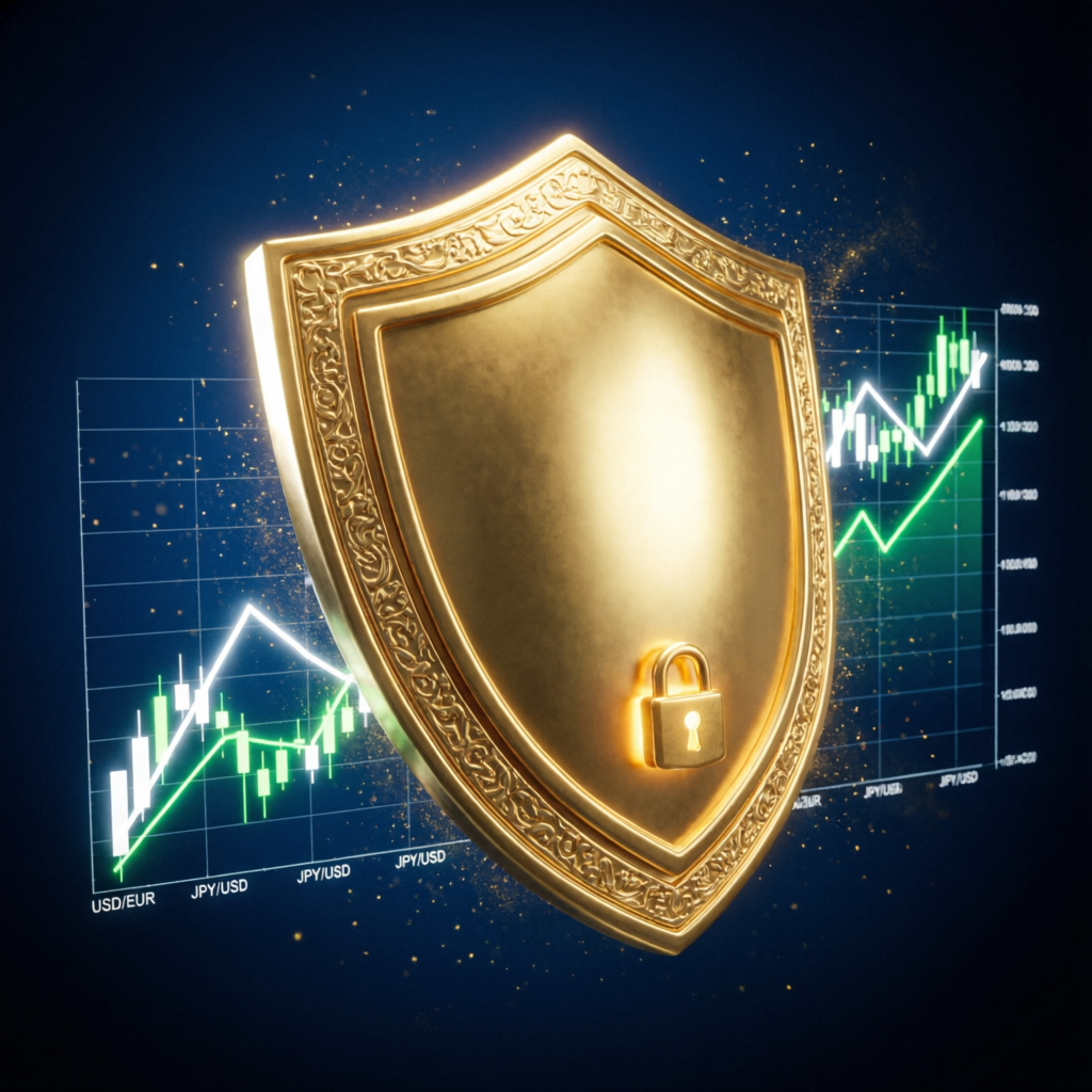 Premium gold shield protecting forex trading charts representing security and risk management