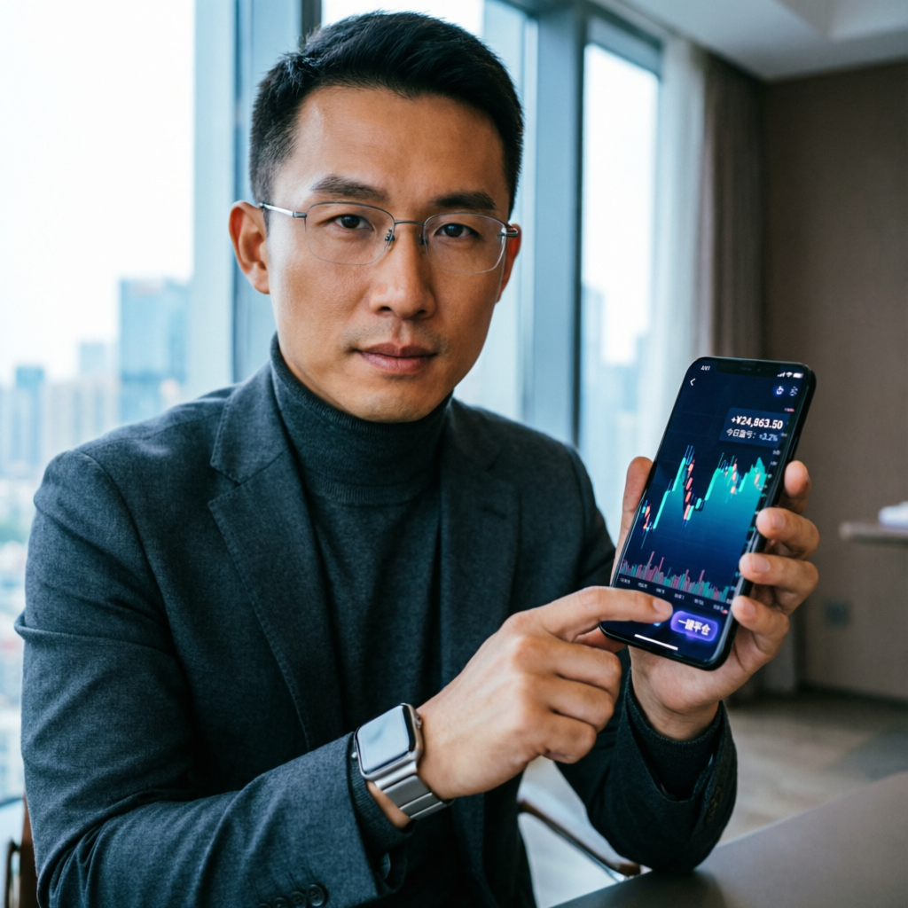 Professional forex trader using mobile trading app on smartphone showing profit charts