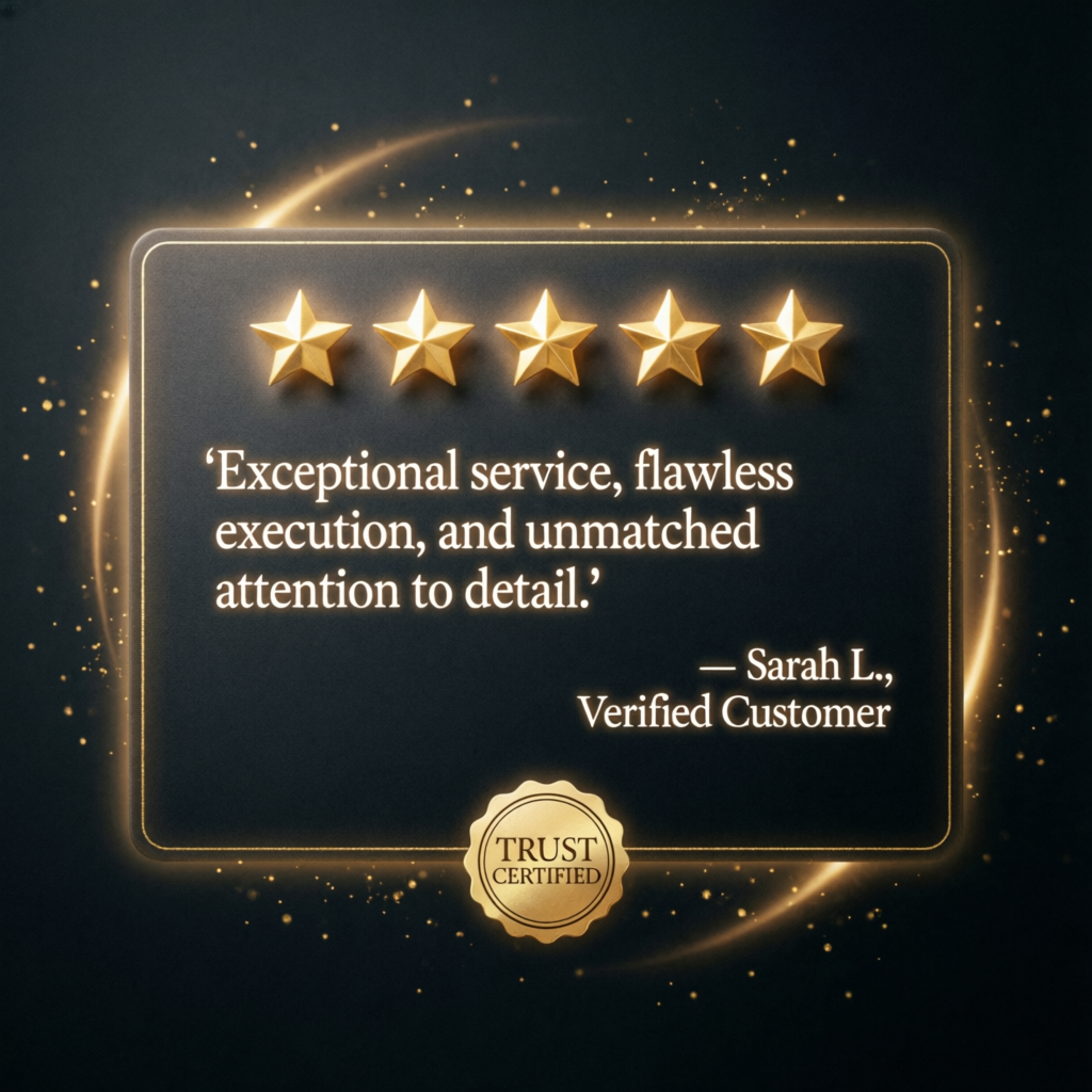 Premium 5-star customer review rating display with gold stars and trust certified badge