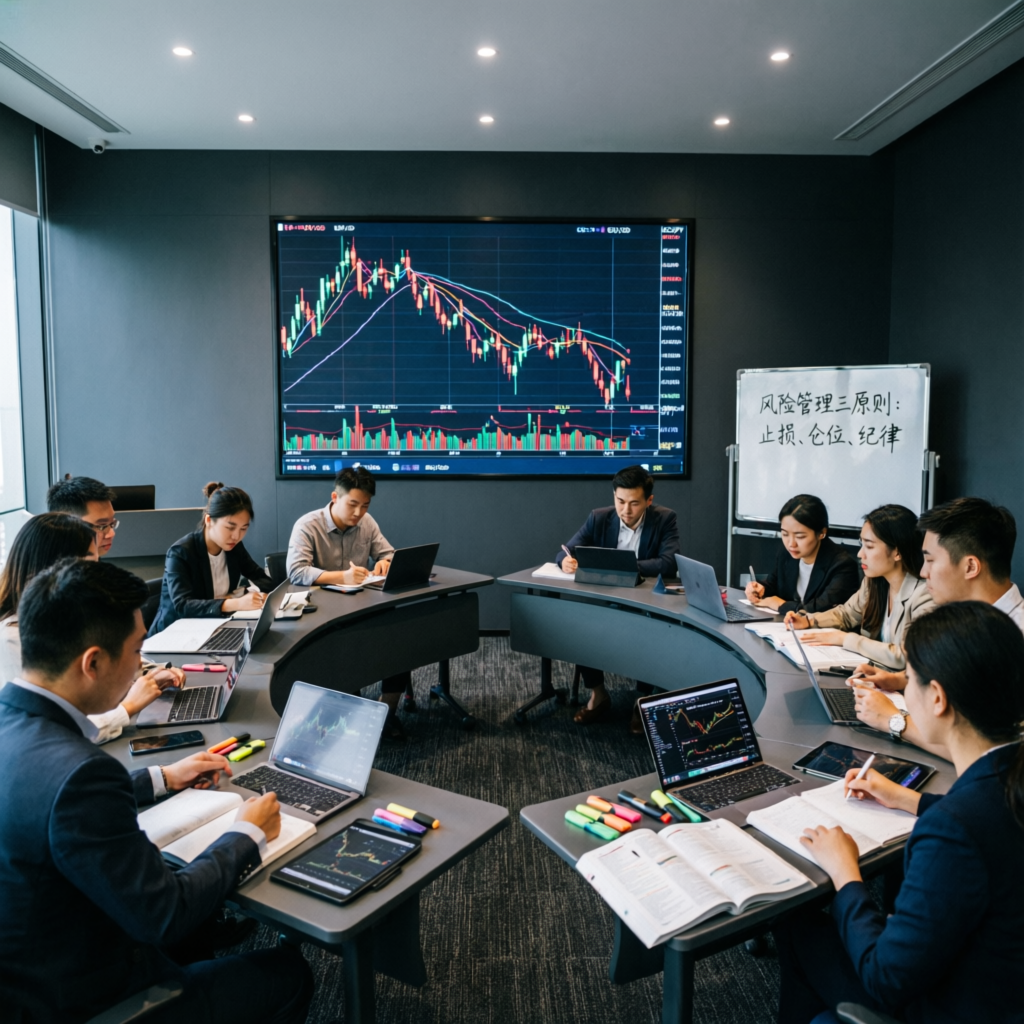 Modern trading education classroom with forex charts on large screen and students learning
