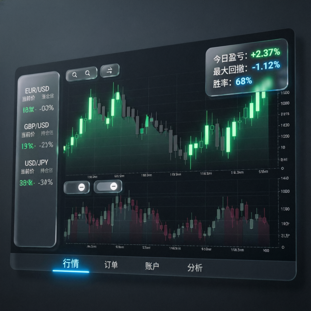Modern trading dashboard showing live forex charts with profit indicators and green candles