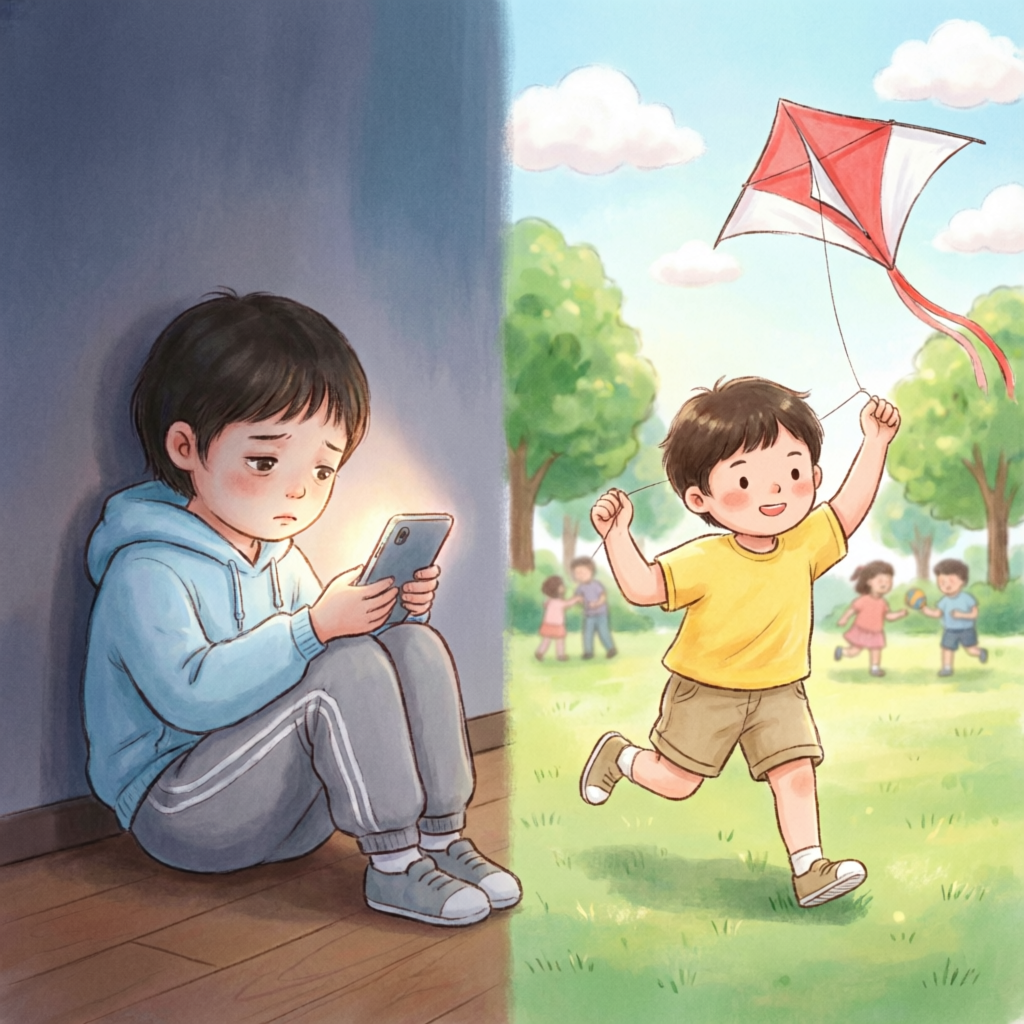 Criança triste no celular vs criança feliz brincando