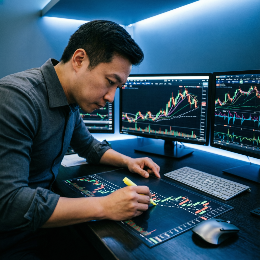 Professional trader analyzing forex charts and trading strategies