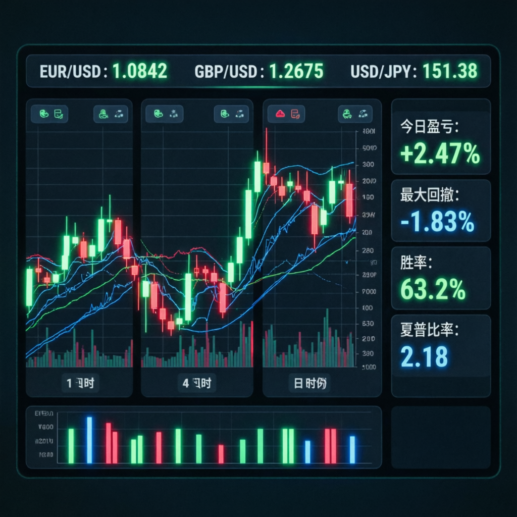 Live forex trading dashboard showing profit metrics and candlestick charts