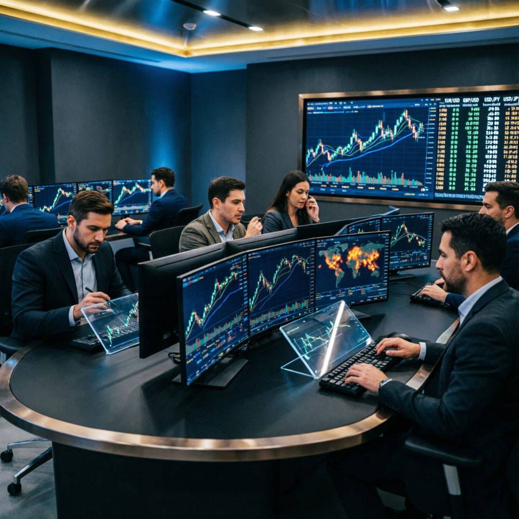 Team of expert professional traders collaborating on prop firm challenges