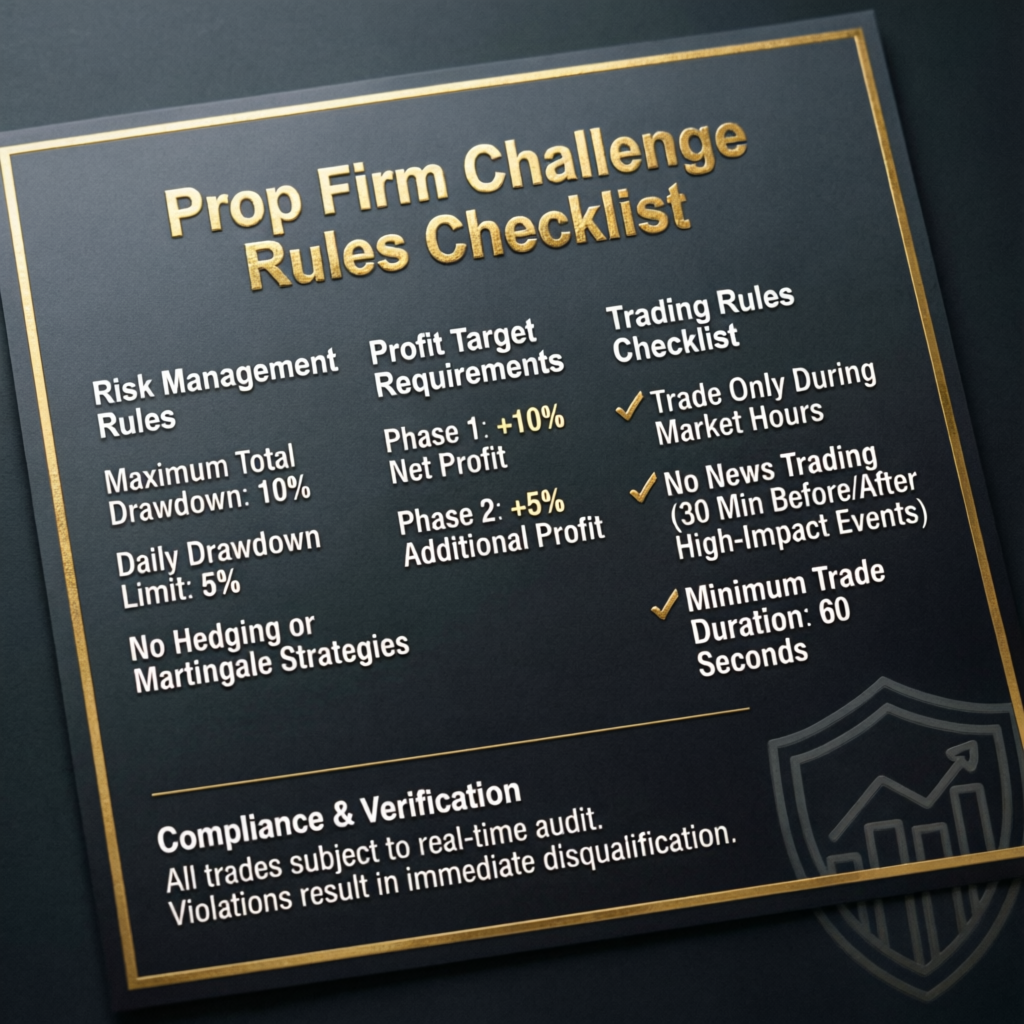 Prop firm challenge rules checklist showing CTI Risk Management Rules including drawdown limits, profit targets, and trading requirements