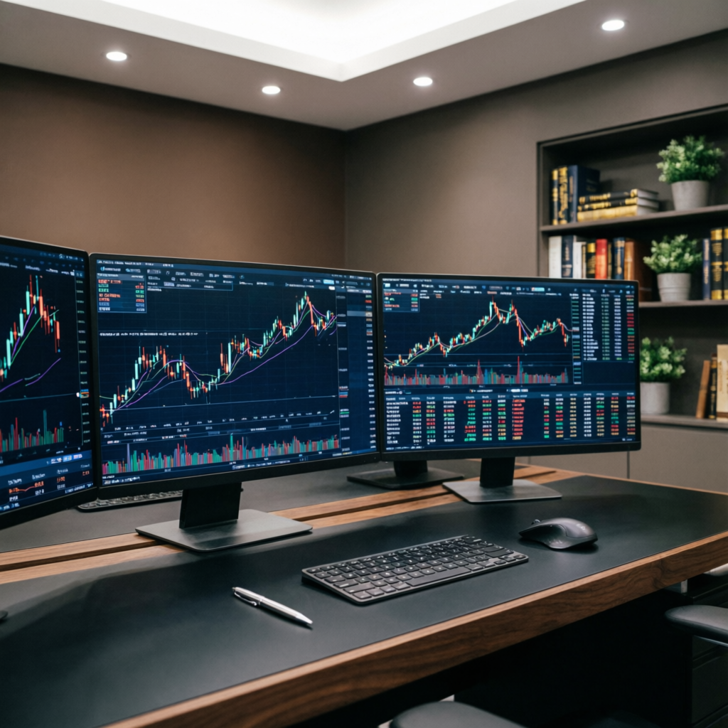 Professional forex trading desk with multiple monitors showing CTI risk management rules and prop firm trading charts