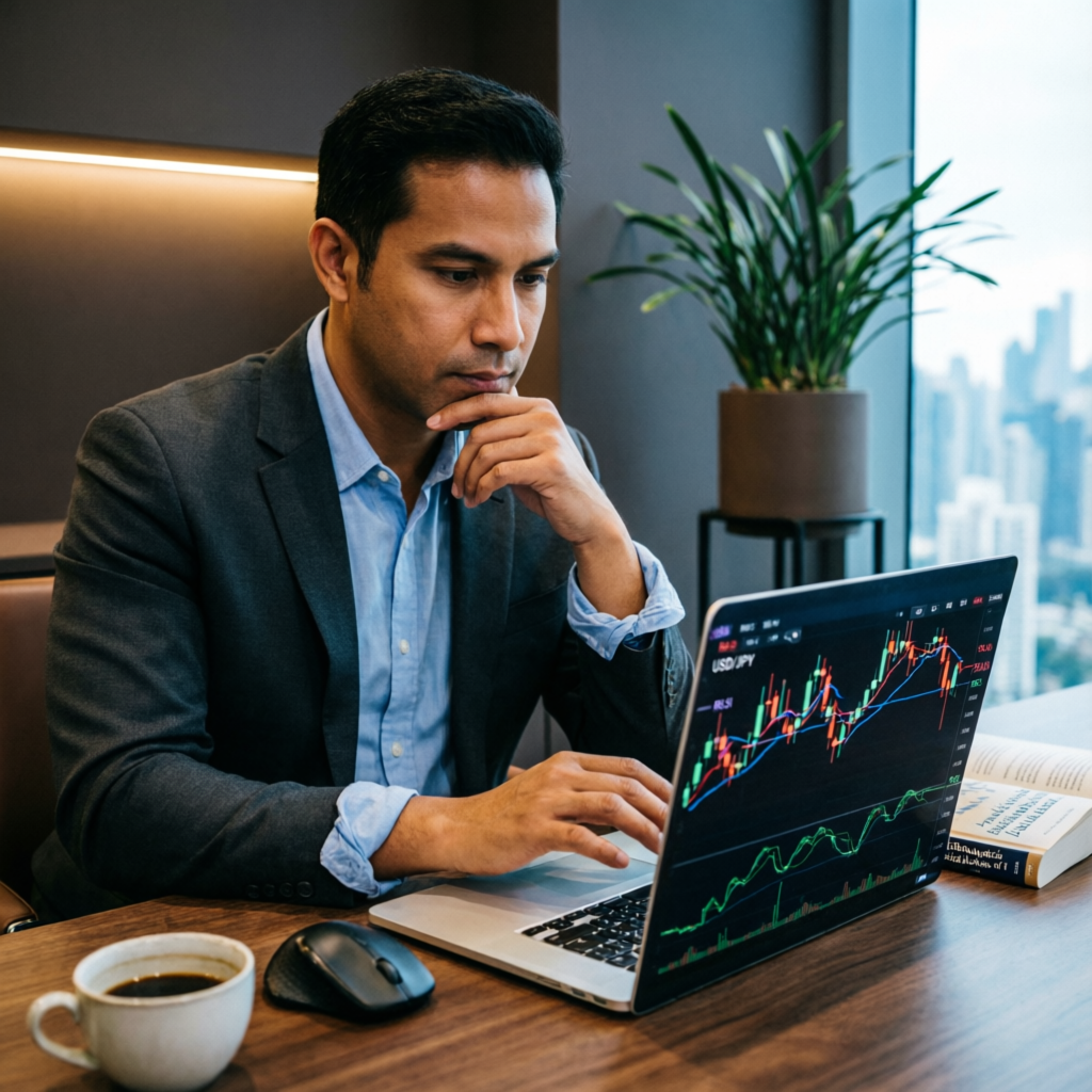 Professional forex trader analyzing trading strategies and CTI challenge requirements on laptop with technical analysis charts
