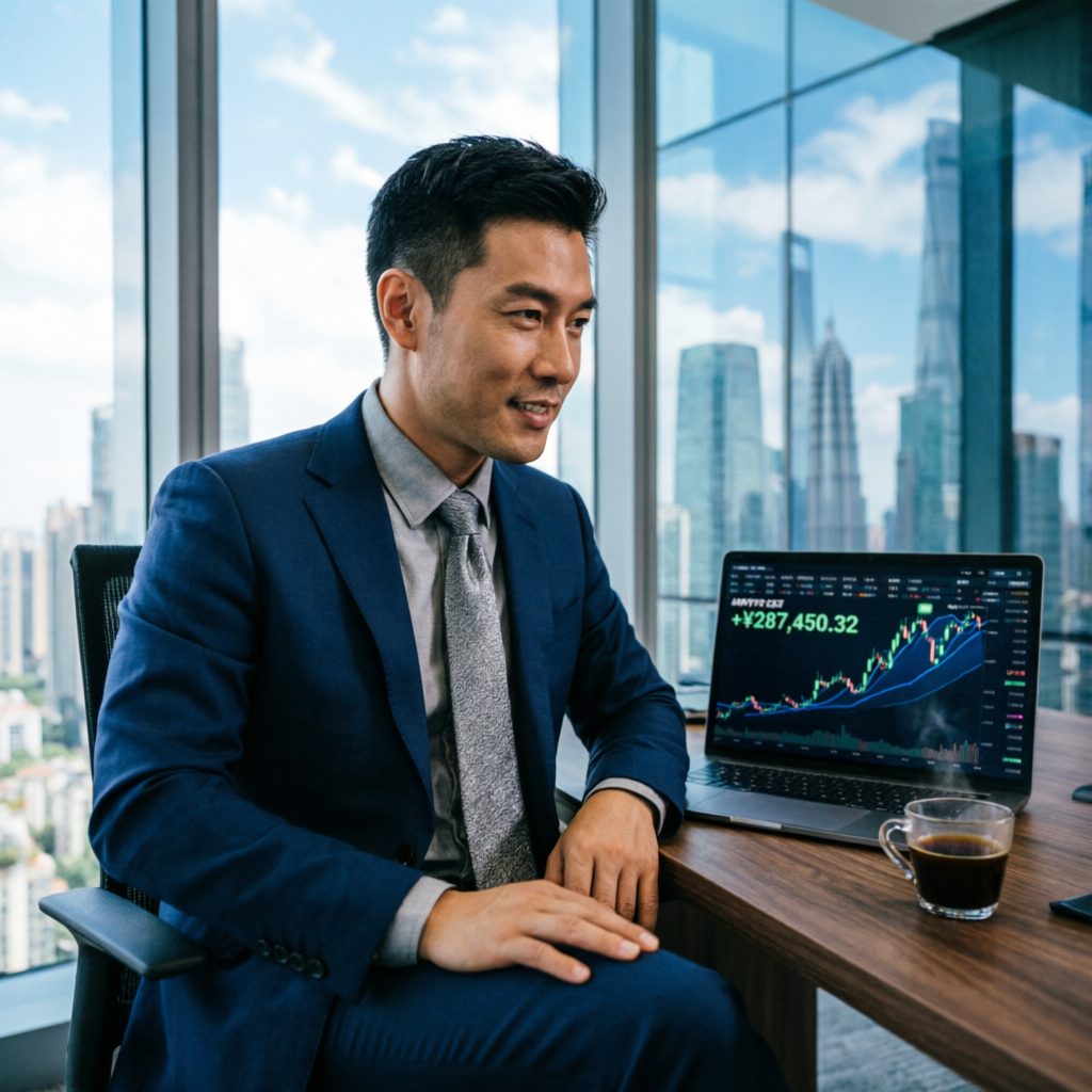 Successful funded trader with profitable trading account on laptop showing CTI challenge pass results