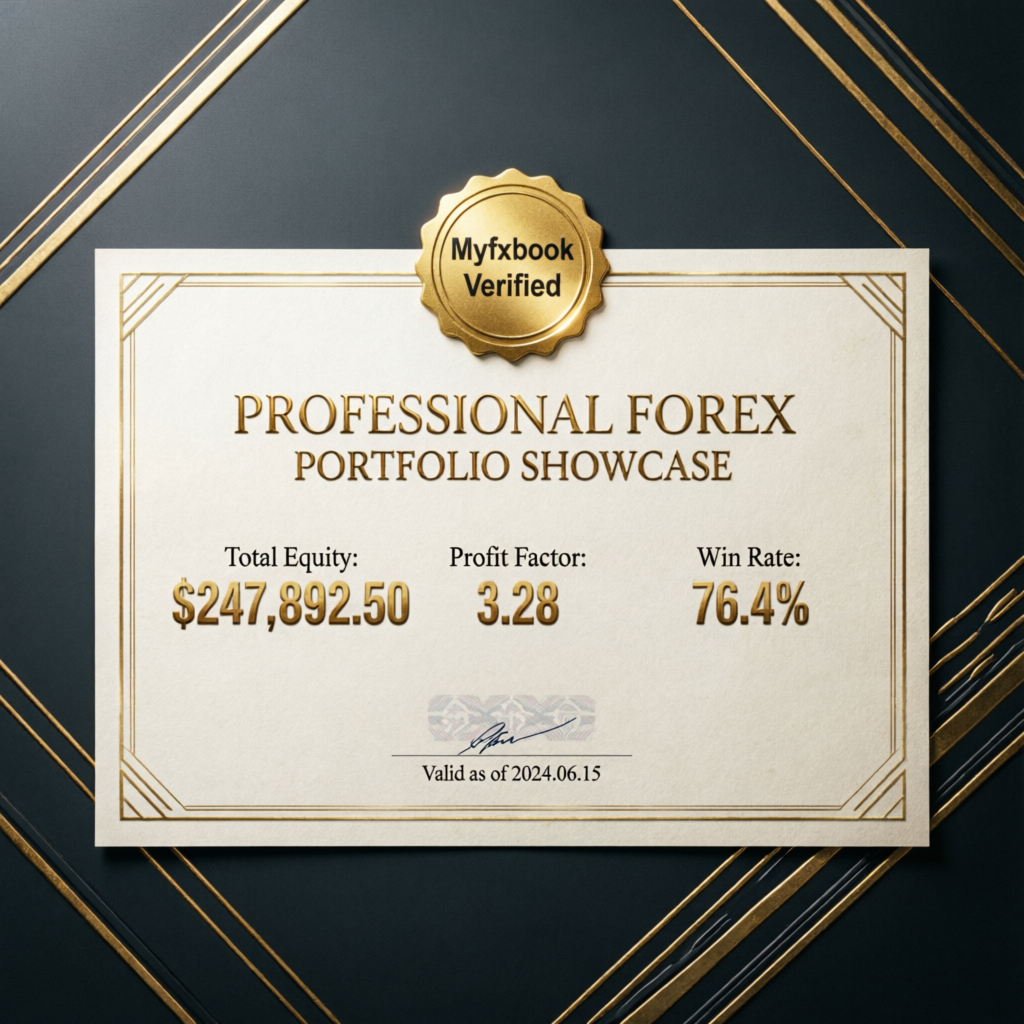 Professional forex portfolio showcase with Myfxbook verified results showing total equity, profit factor, and win rate for PFM Capitals