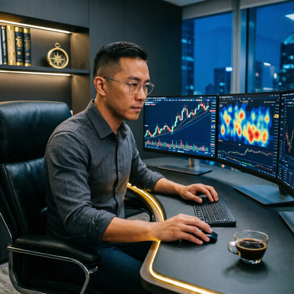 Professional forex trader using Topstep Management Service with multiple trading monitors
