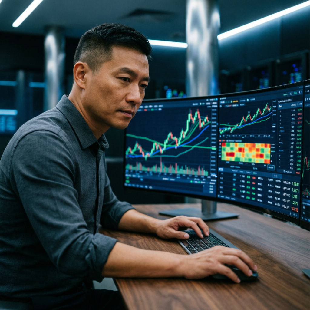 Expert forex trader analyzing multiple screens for prop firm challenge management
