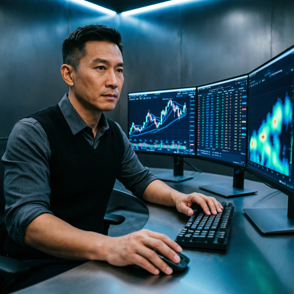 Professional forex trader managing prop firm accounts with multiple trading monitors
