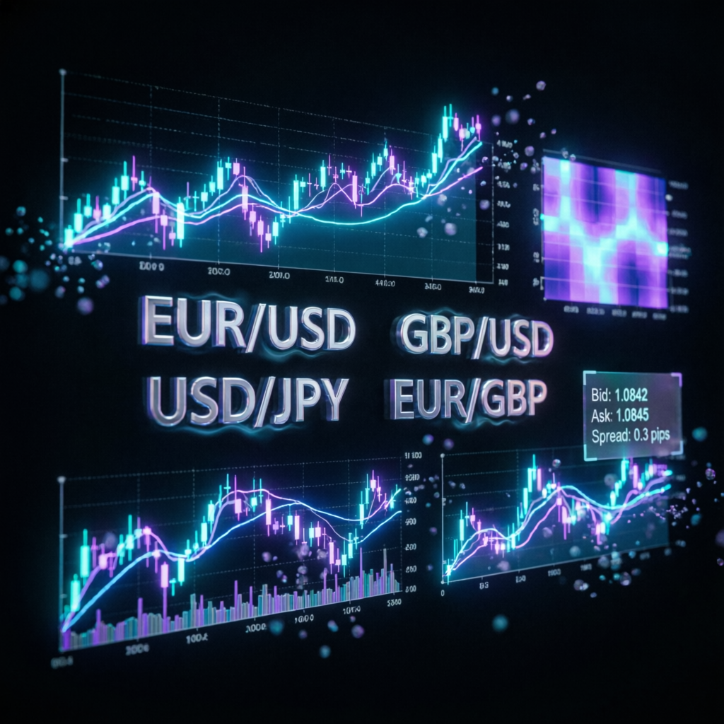 Futuristic holographic forex trading interface with currency pairs and charts
