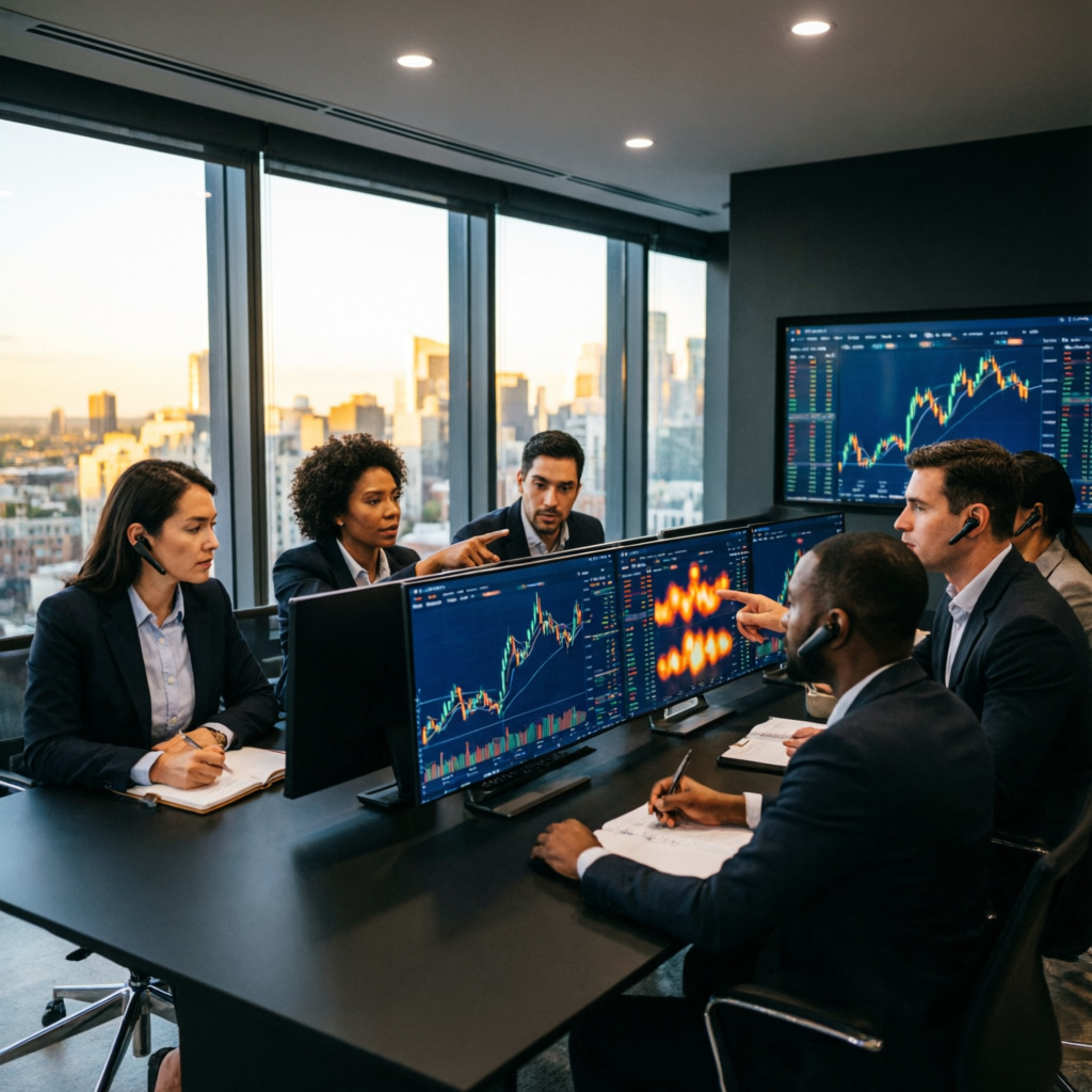Professional trading team reviewing prop firm challenge results and performance