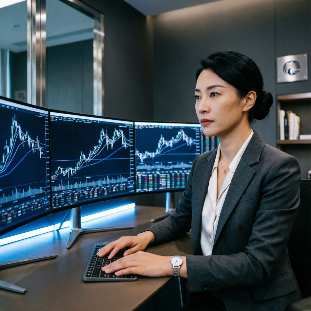 Professional female forex trader analyzing multiple screens for prop firm management