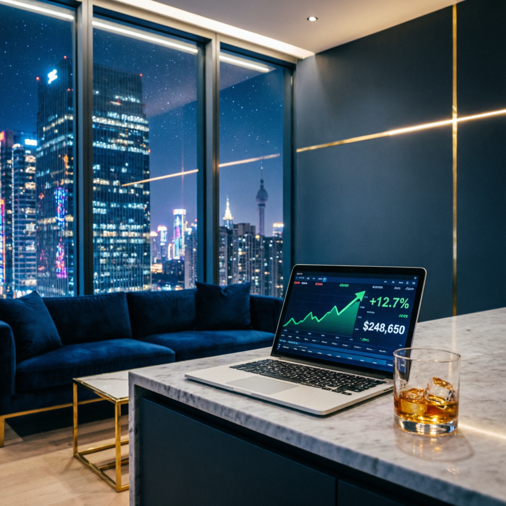 Luxury penthouse with laptop showing trading profits representing funded trader lifestyle