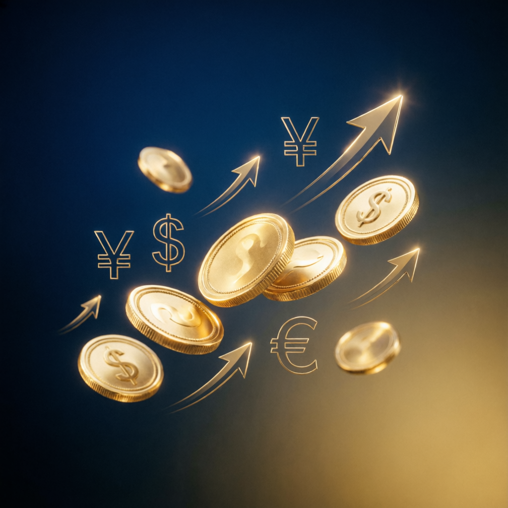 Financial growth concept with currency symbols representing funded trading profits