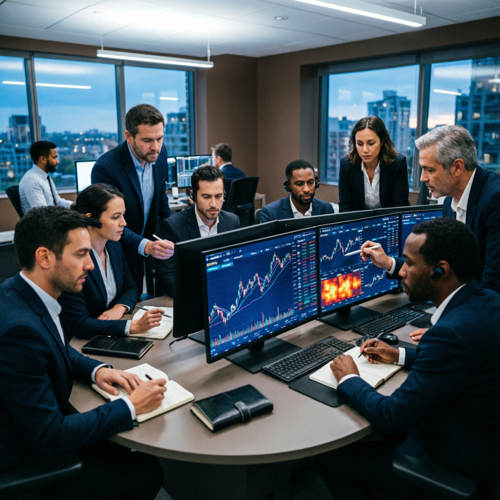 Professional trading team analyzing forex markets for prop firm challenge passing
