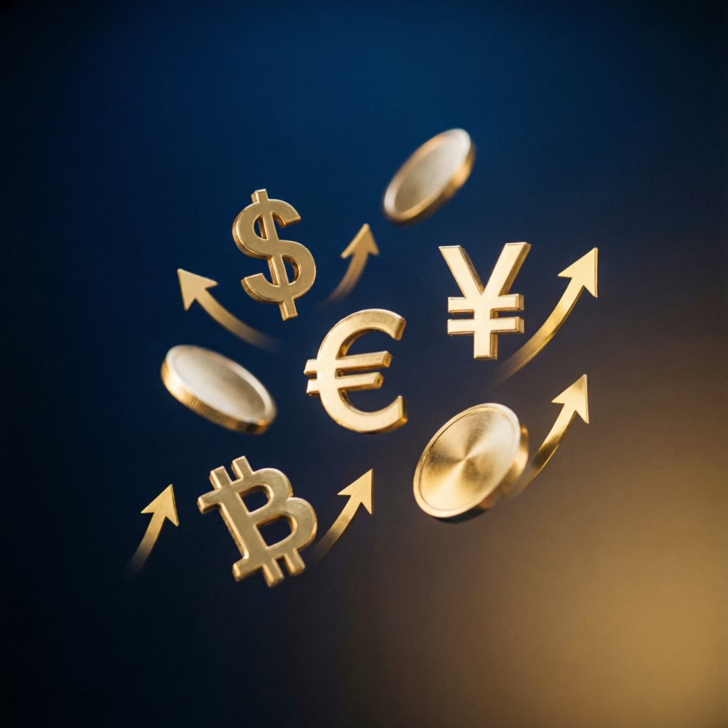 Currency symbols representing successful funded account trading profits