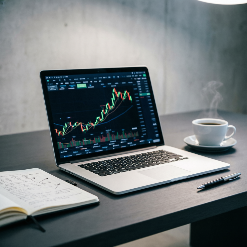 Laptop showing forex trading charts representing remote prop firm challenge management