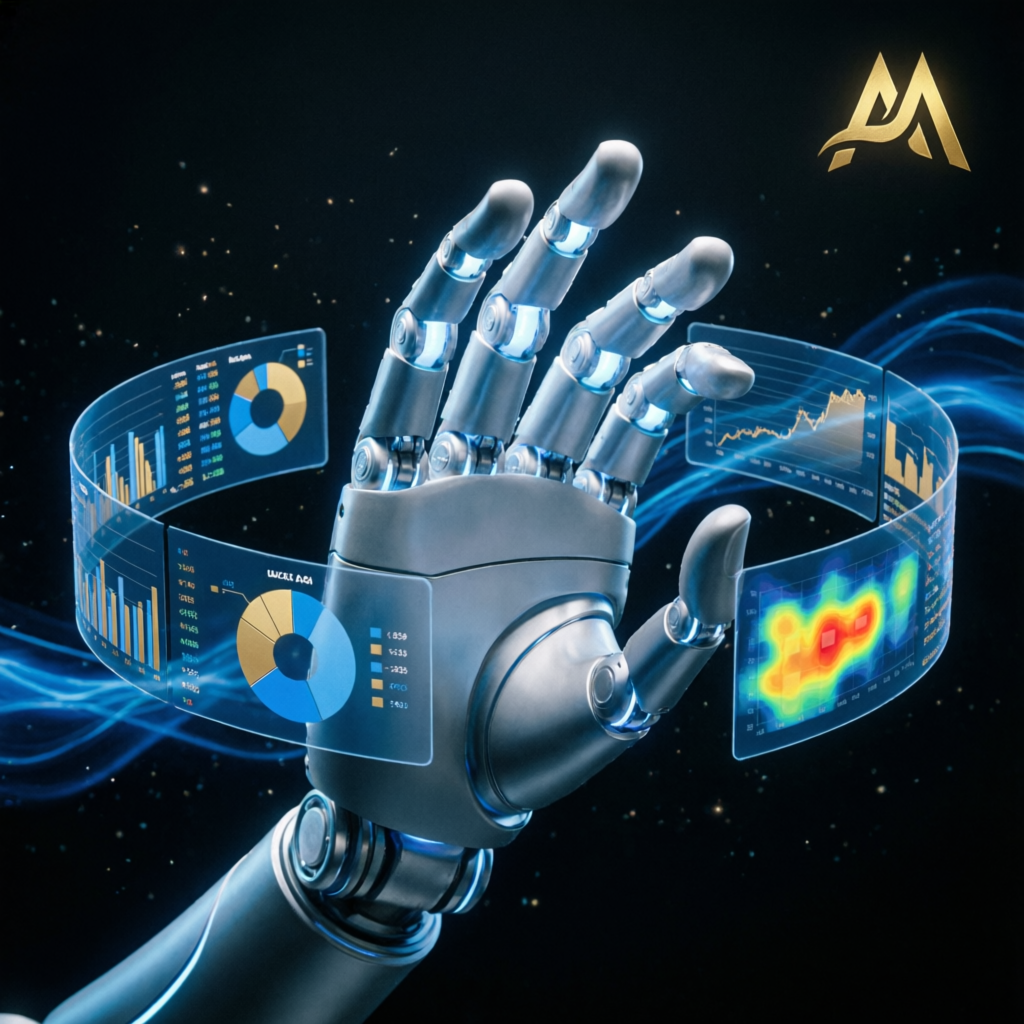 AI robotic hand managing multiple trading accounts with holographic displays