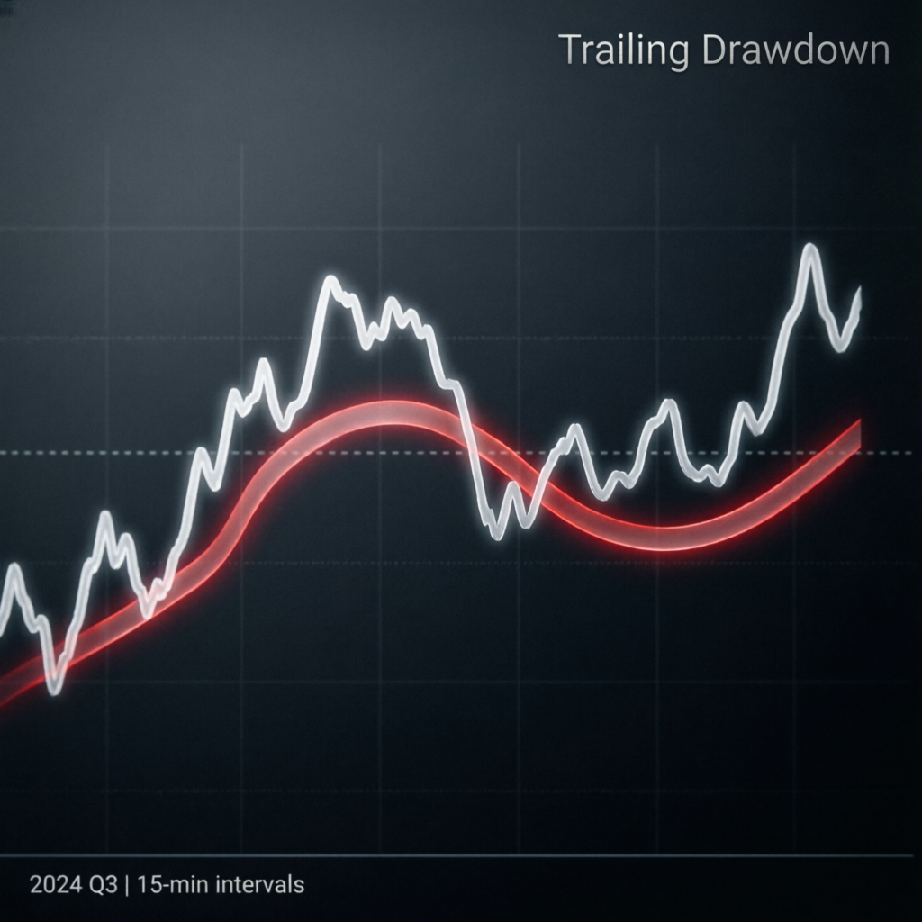 Trailing drawdown visualization showing dynamic risk management line