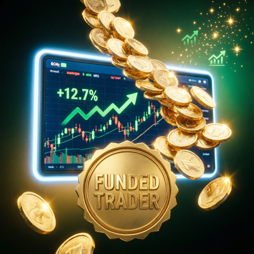 Funded trader success with gold coins and profit chart showing +12.7% gains