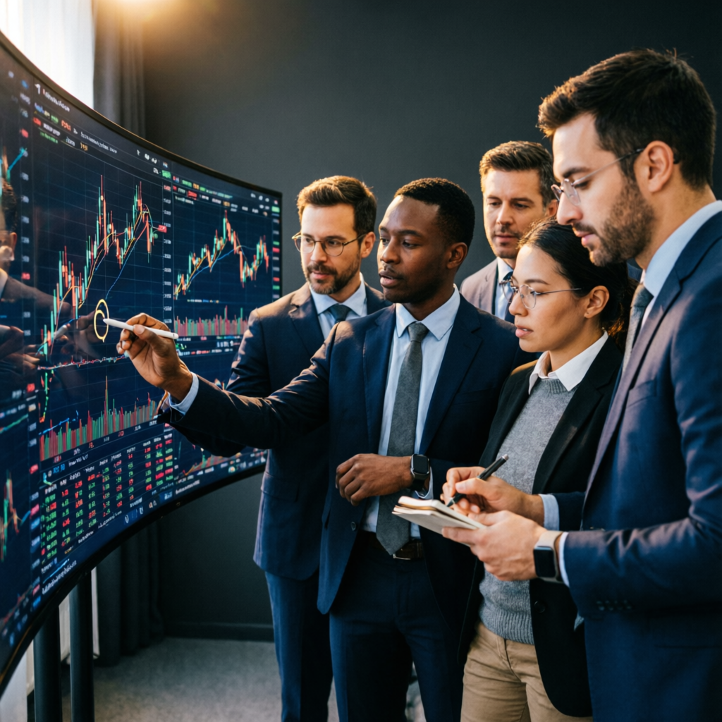 Professional prop firm traders team analyzing forex charts
