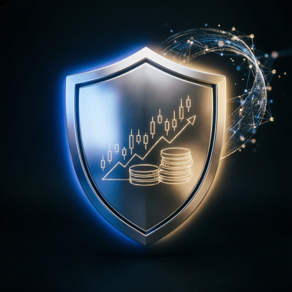Risk management shield protecting trading capital with financial growth visualization