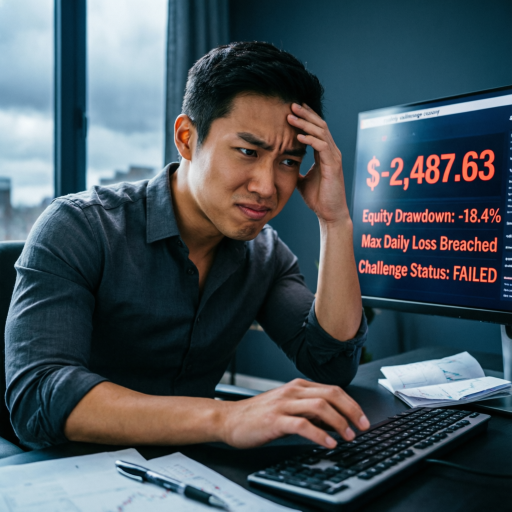 Frustrated trader experiencing Topstep challenge failure with red loss indicators on screen