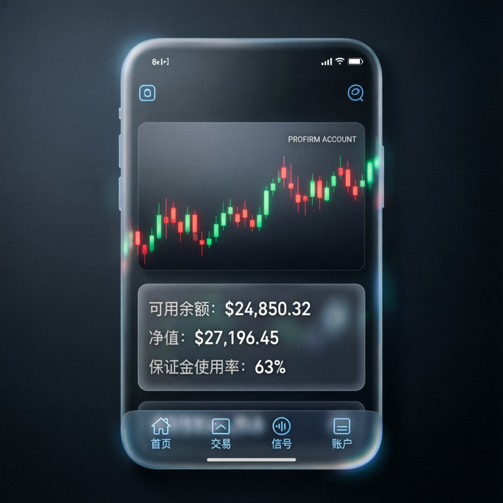 Mobile trading app showing prop firm account with live charts and account metrics