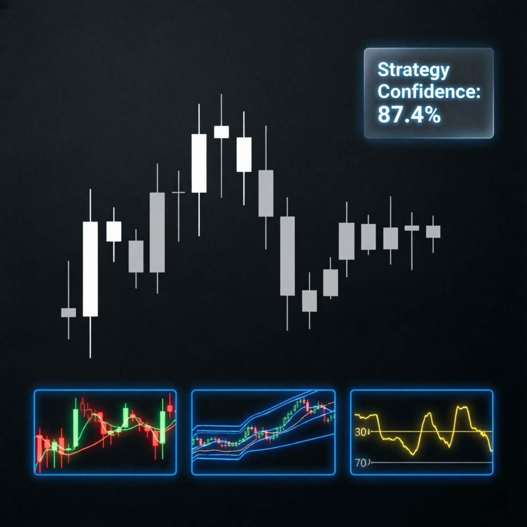 Trading strategy visualization with candlestick patterns and technical analysis indicators