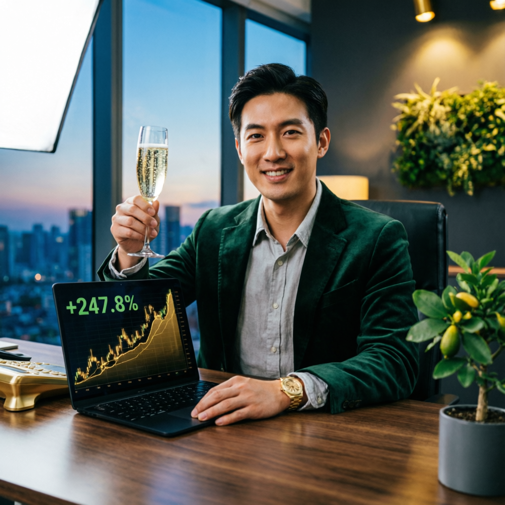 Successful funded trader celebrating profits with champagne and trading charts