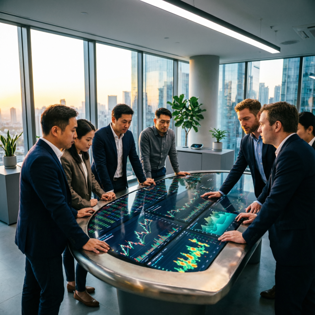 Professional trading team analyzing prop firm accounts and strategies in modern office