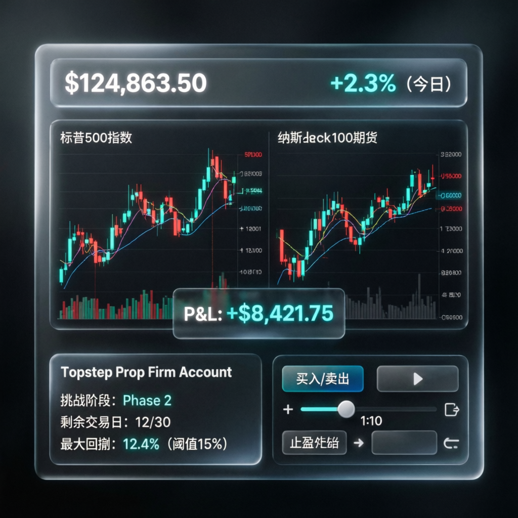 Modern Topstep prop firm trading dashboard showing live futures charts and P&L metrics