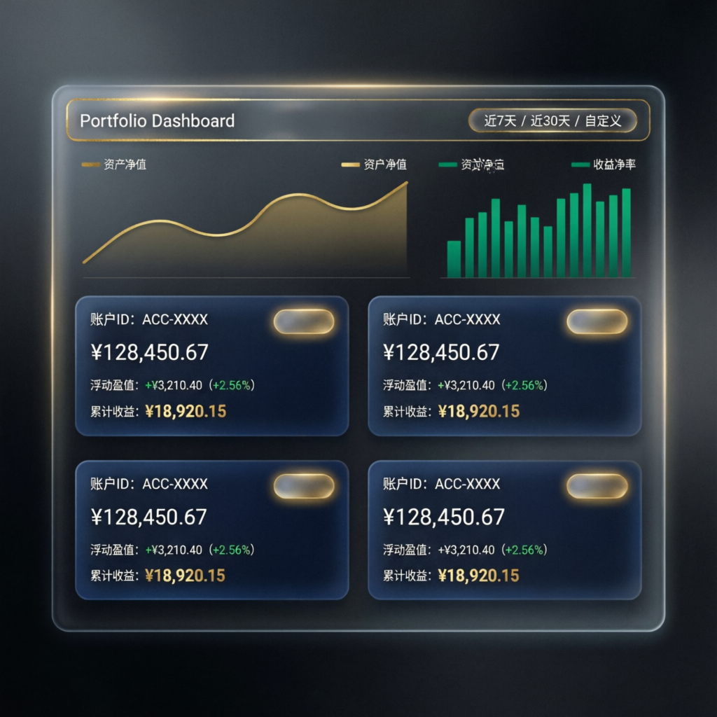 Portfolio dashboard showing multiple funded accounts with profit statistics and performance metrics