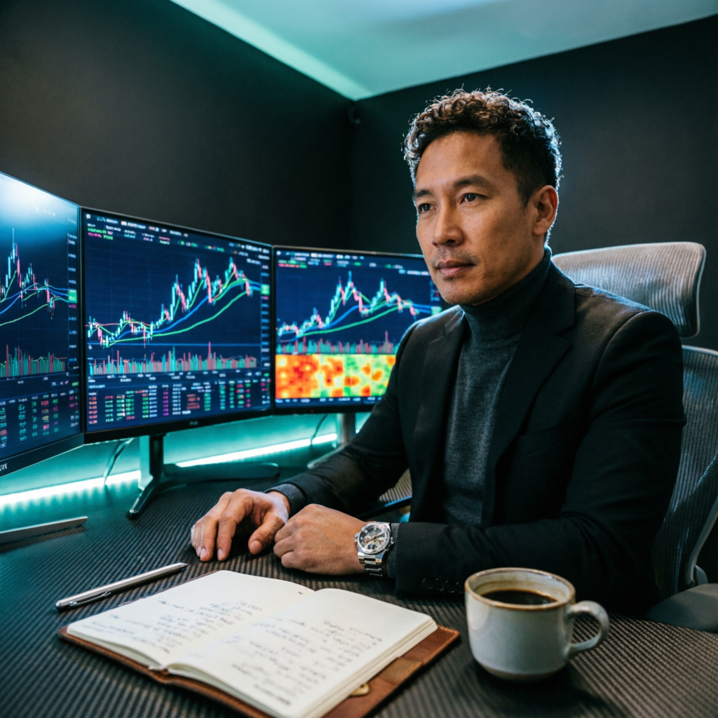 Professional forex trader analyzing Topstep prop firm charts on multi-monitor setup