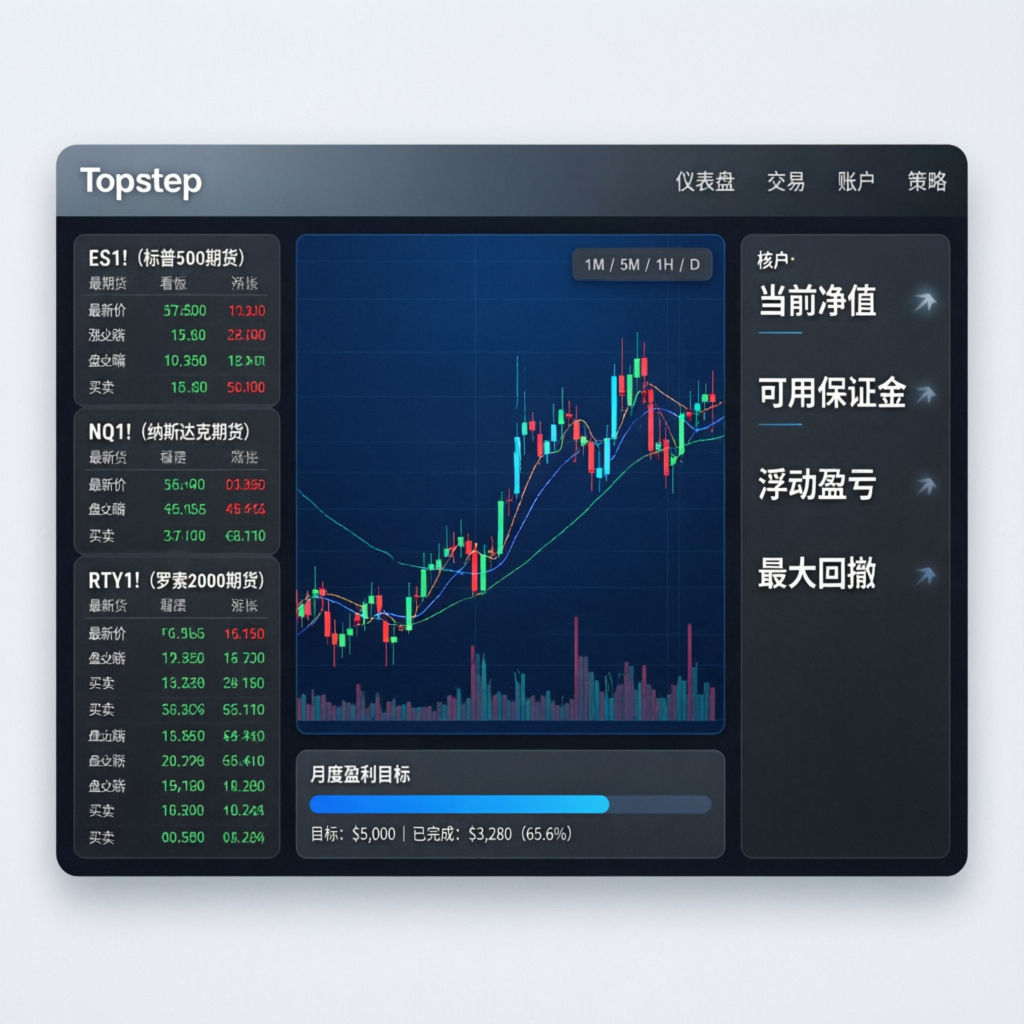 Topstep trading platform interface showing futures charts and account metrics