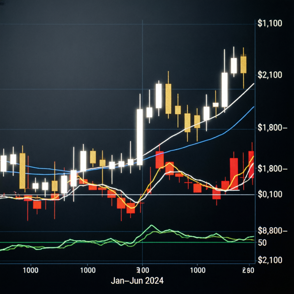 Gold futures candlestick chart with technical analysis indicators for Topstep trading
