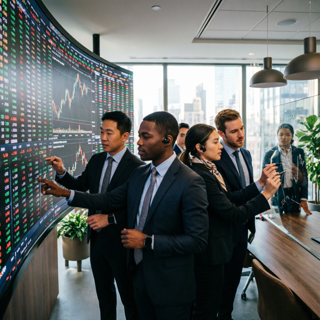 Professional prop firm trading team analyzing charts and managing funded accounts