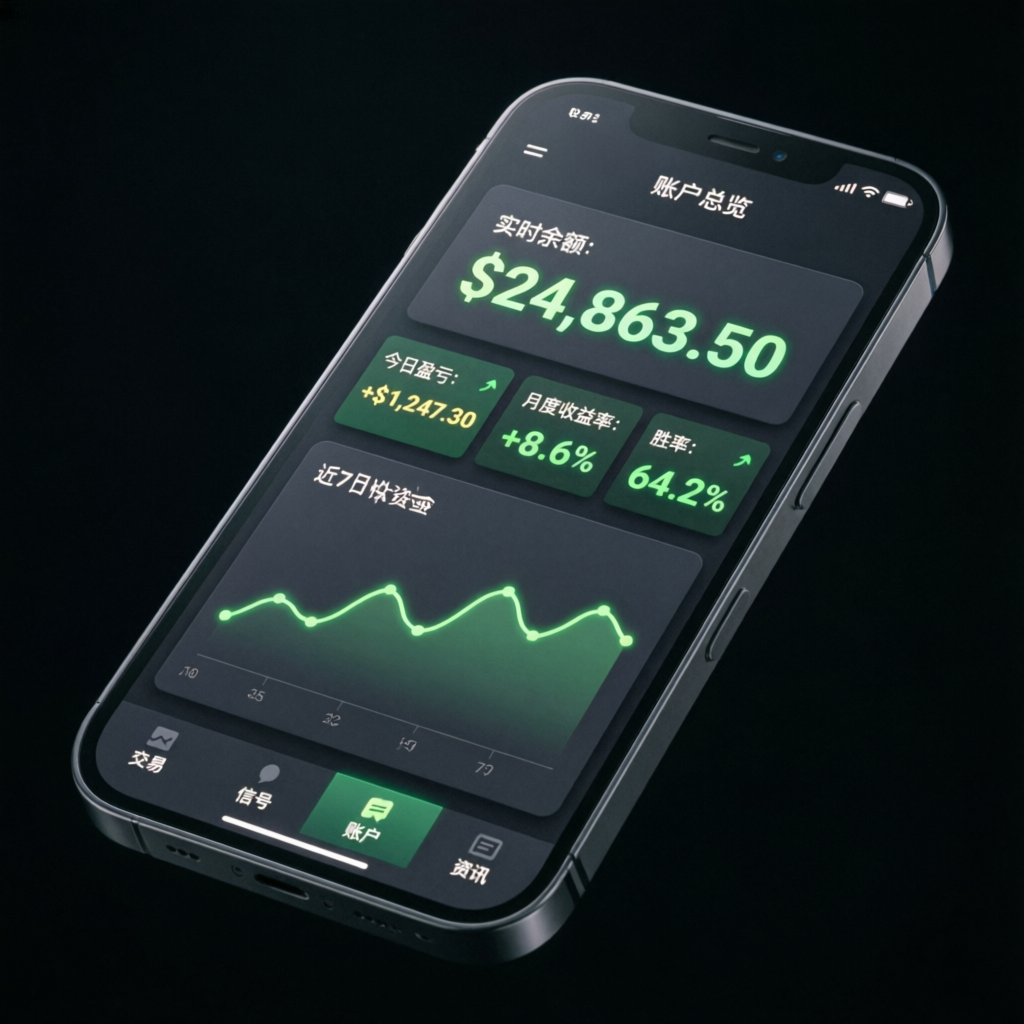Mobile trading app showing prop firm funded account dashboard with profit metrics