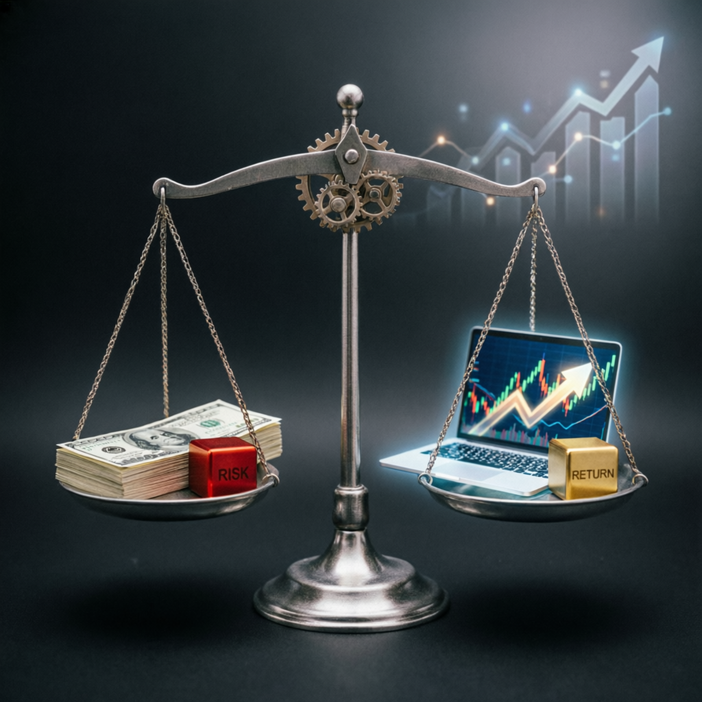 Risk vs Return balance scale illustrating Topstep trading rules and risk management