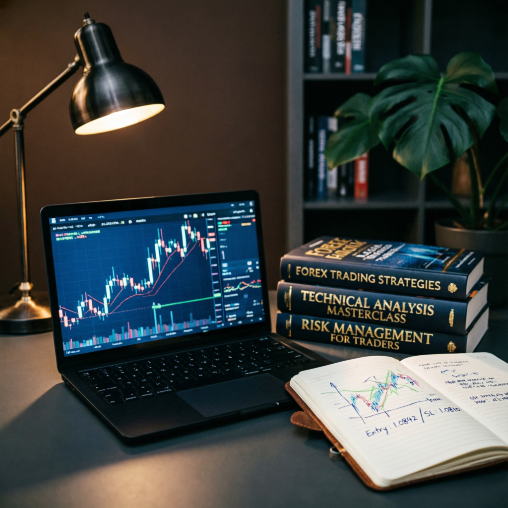 Trading education setup with laptop showing charts and forex trading strategy books